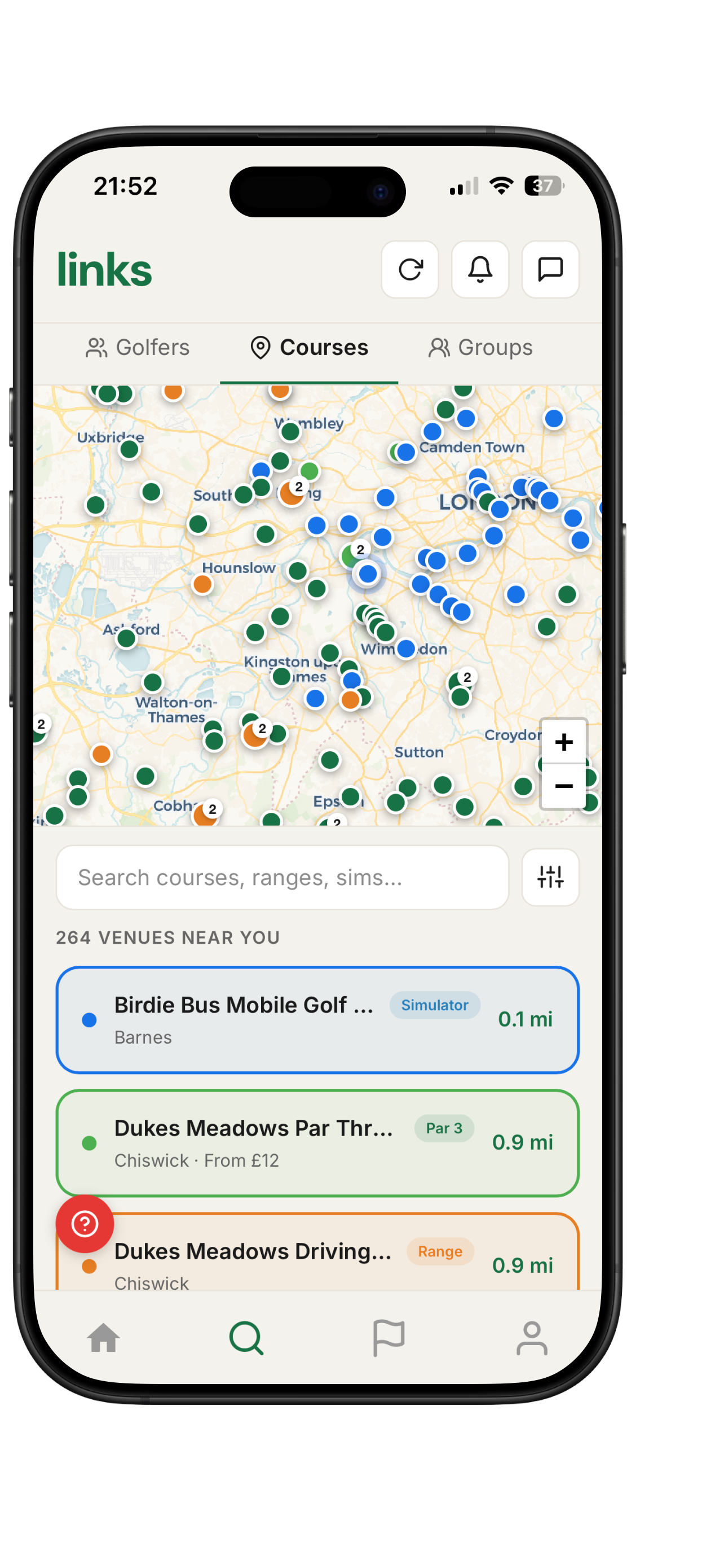 Links app courses map showing venues across London