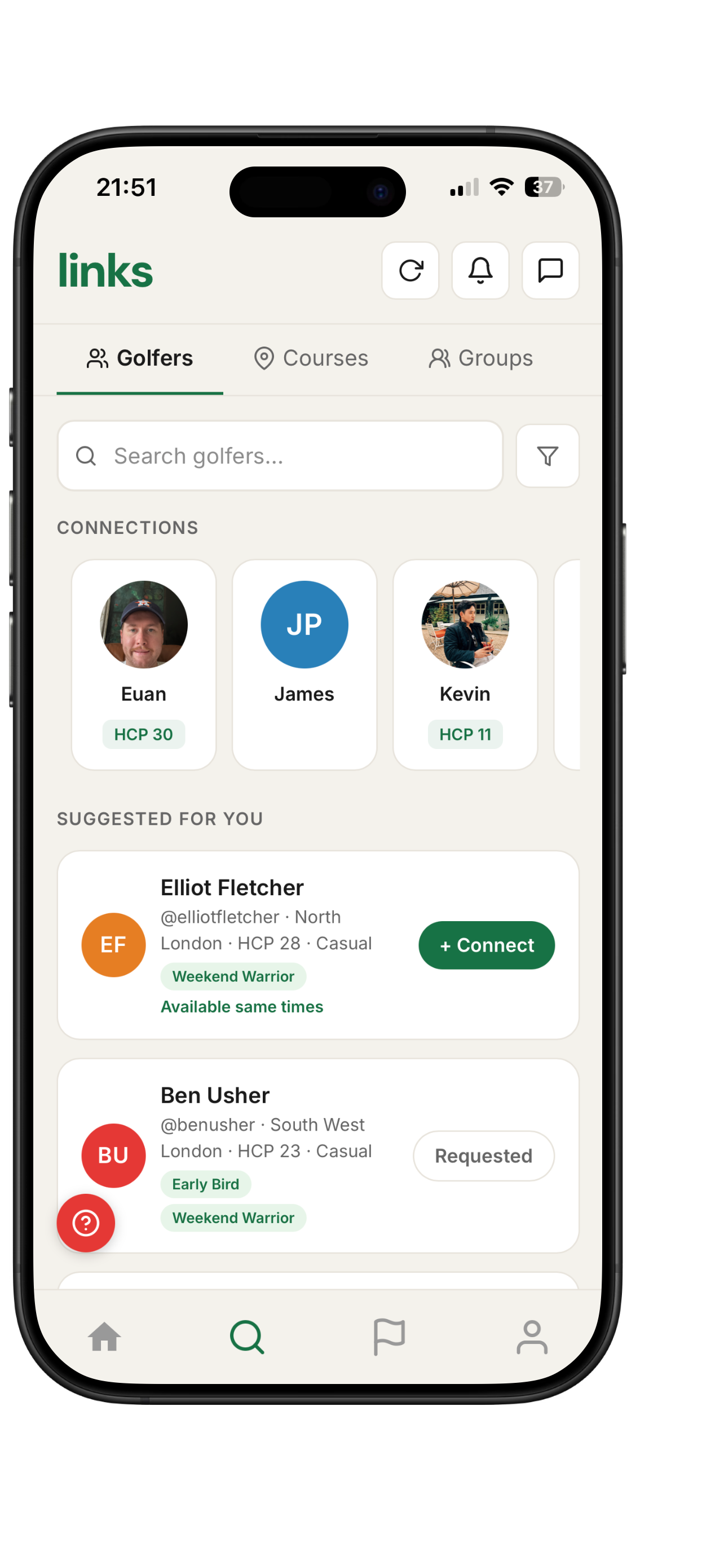 Links app discover screen showing golfer connections and suggestions