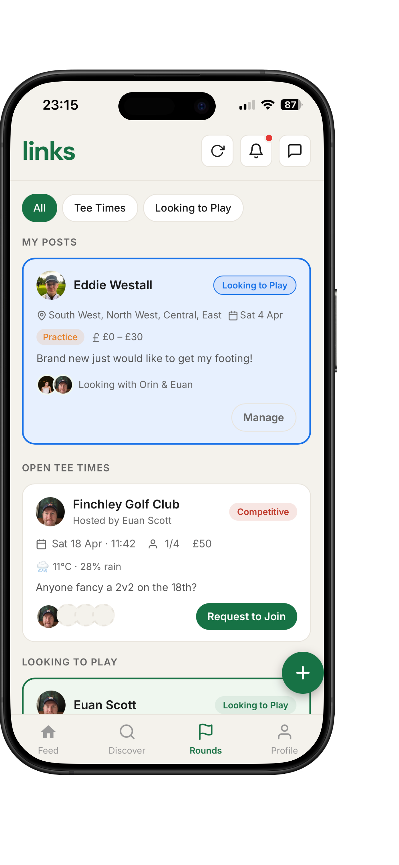 Links app rounds screen showing tee times and looking to play posts